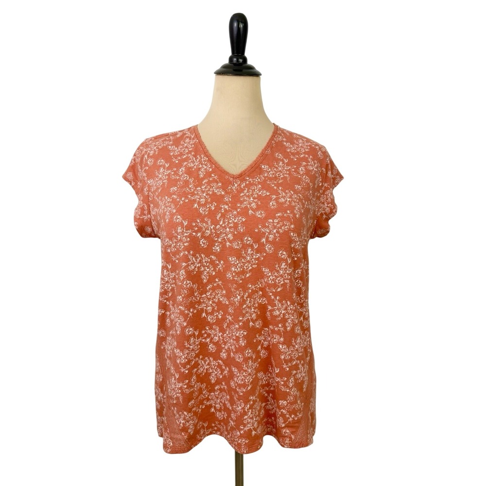 GARNET HILL Knit Floral TOP T-Shirt Large Lace Short Sleeve Organic Cotton Tee